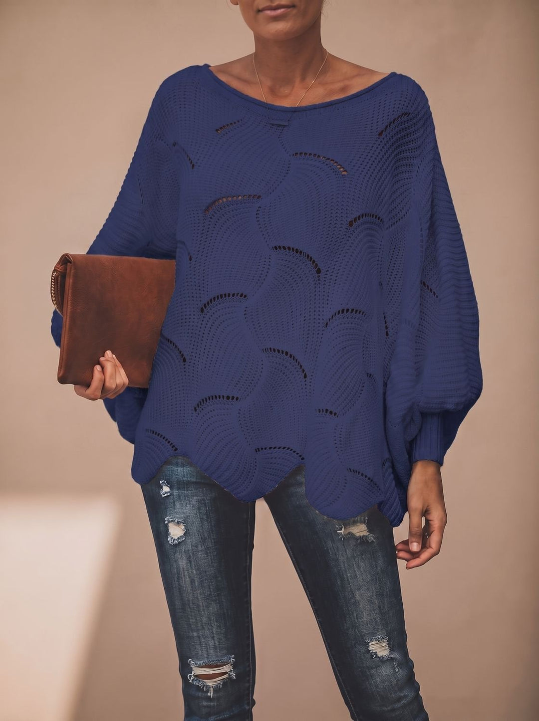 Damen Oversized Hollow-Out Strickpullover mit Rundhalsausschnitt - Blau