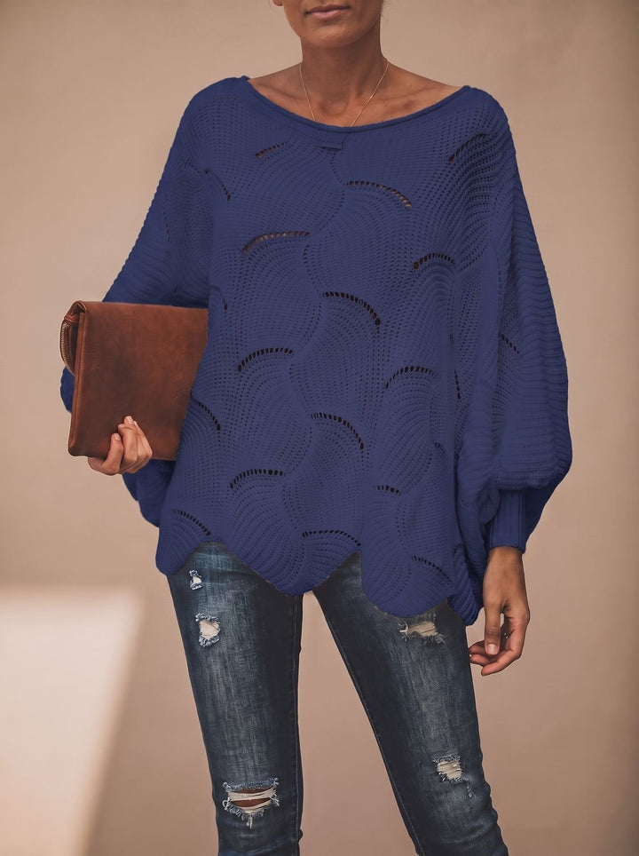 Damen Oversized Hollow-Out Strickpullover mit Rundhalsausschnitt - Blau