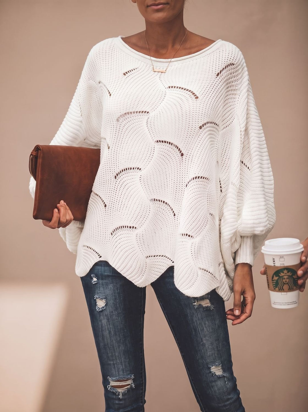 Damen Oversized Hollow-Out Strickpullover mit Rundhalsausschnitt - Weiß