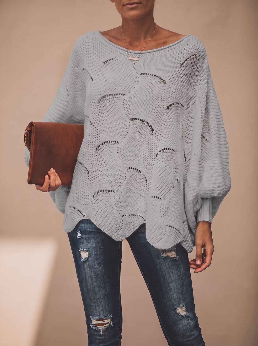 Damen Oversized Hollow-Out Strickpullover mit Rundhalsausschnitt - Grau