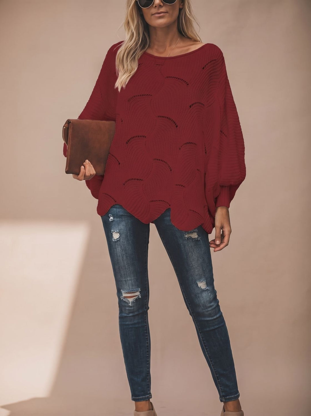 Damen Oversized Hollow-Out Strickpullover mit Rundhalsausschnitt - Rot