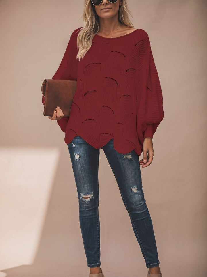 Damen Oversized Hollow-Out Strickpullover mit Rundhalsausschnitt - Rot
