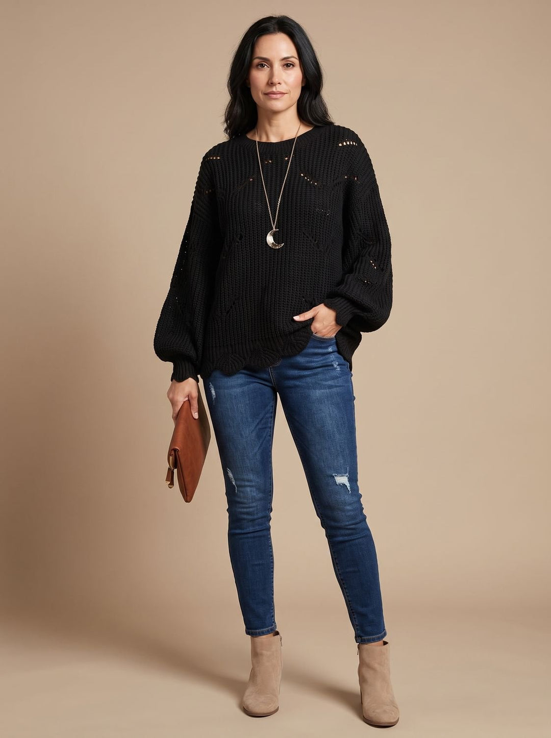 Damen Oversized Hollow-Out Strickpullover mit Rundhalsausschnitt - Schwarz