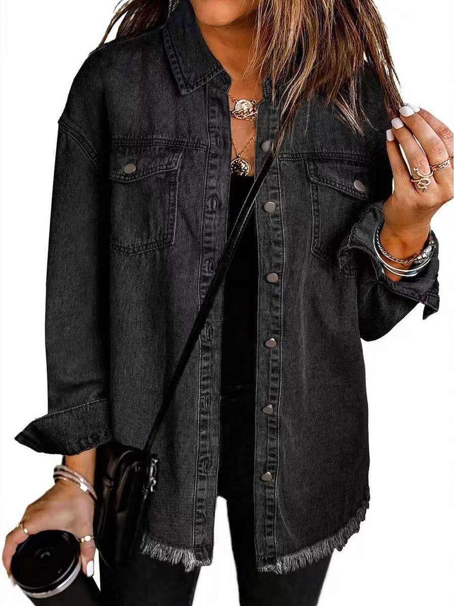 Damen Oversized Jeansjacke Langarm mit Knopfleiste und Fransen - Schwarz