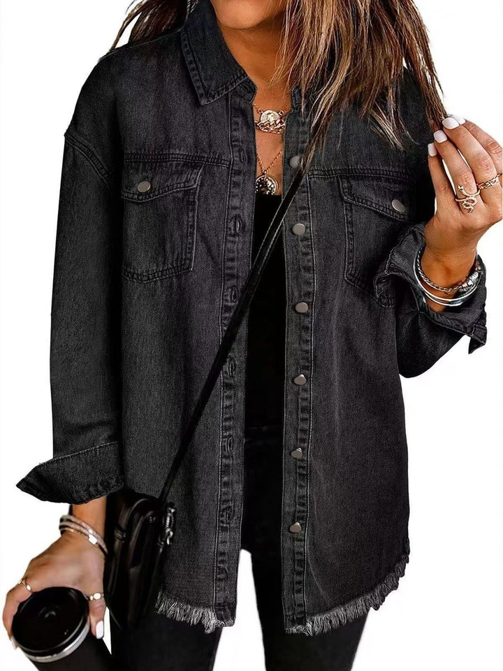 Damen Oversized Jeansjacke Langarm mit Knopfleiste und Fransen - Schwarz
