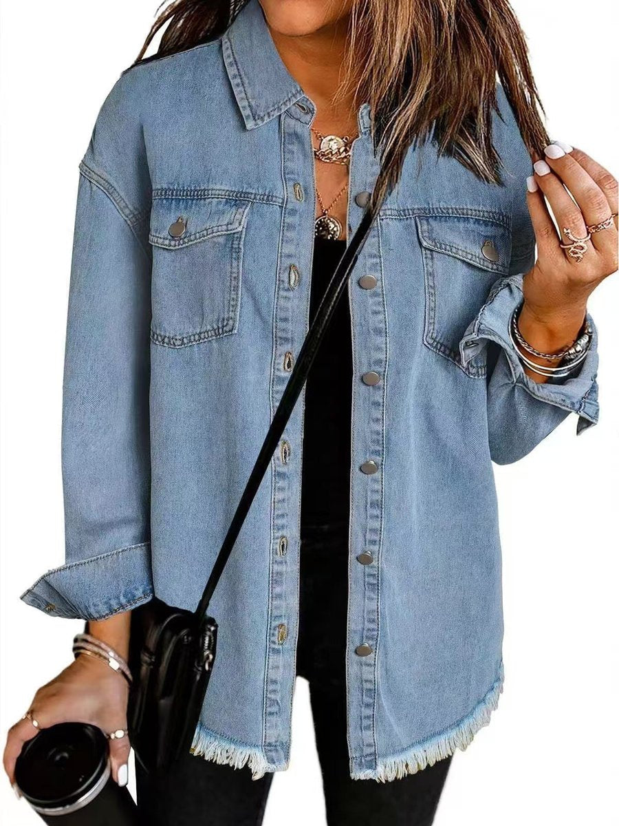 Damen Oversized Jeansjacke Langarm mit Knopfleiste und Fransen - Hellblau
