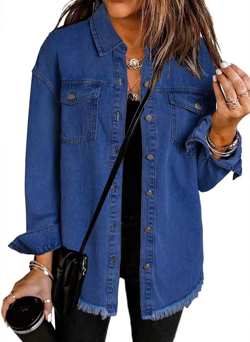 Damen Oversized Jeansjacke Langarm mit Knopfleiste und Fransen - Dunkelblau