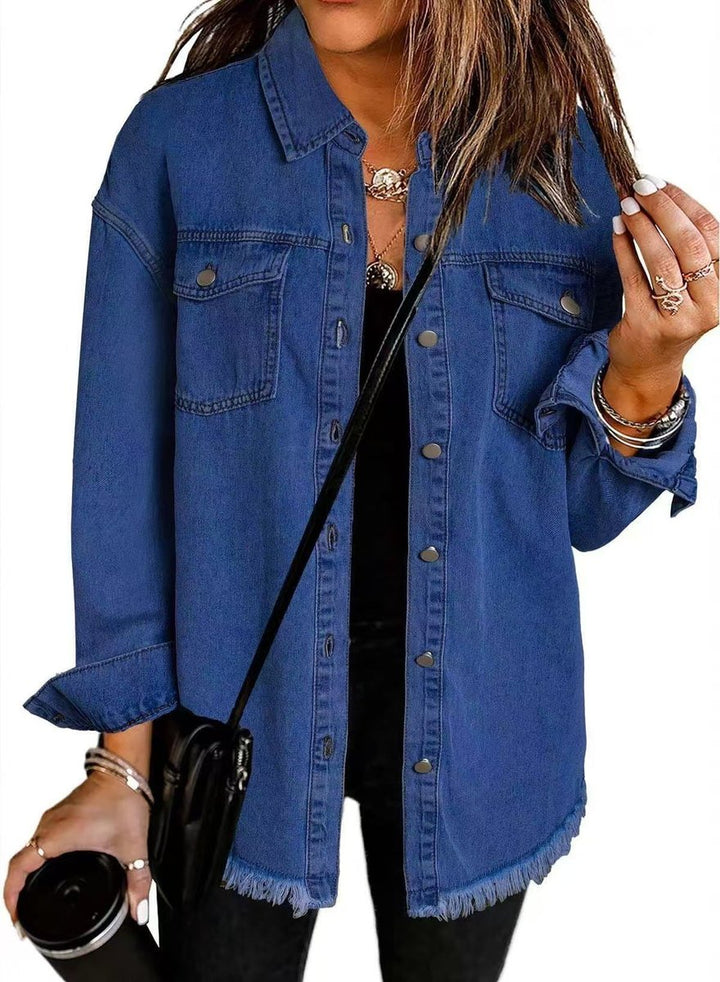 Damen Oversized Jeansjacke Langarm mit Knopfleiste und Fransen - Dunkelblau