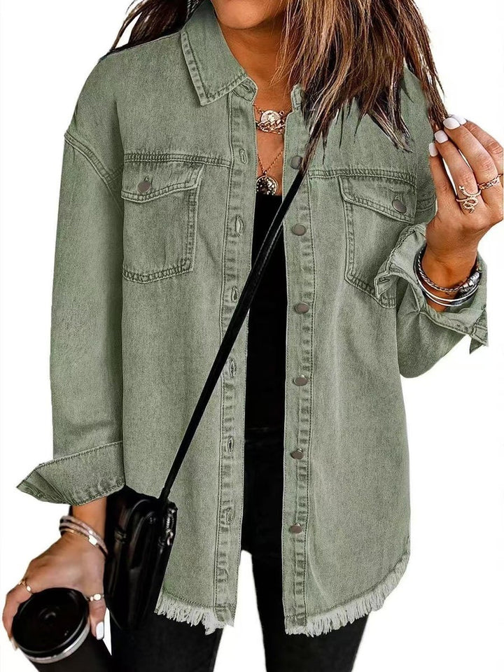 Damen Oversized Jeansjacke Langarm mit Knopfleiste und Fransen - Olivgrün