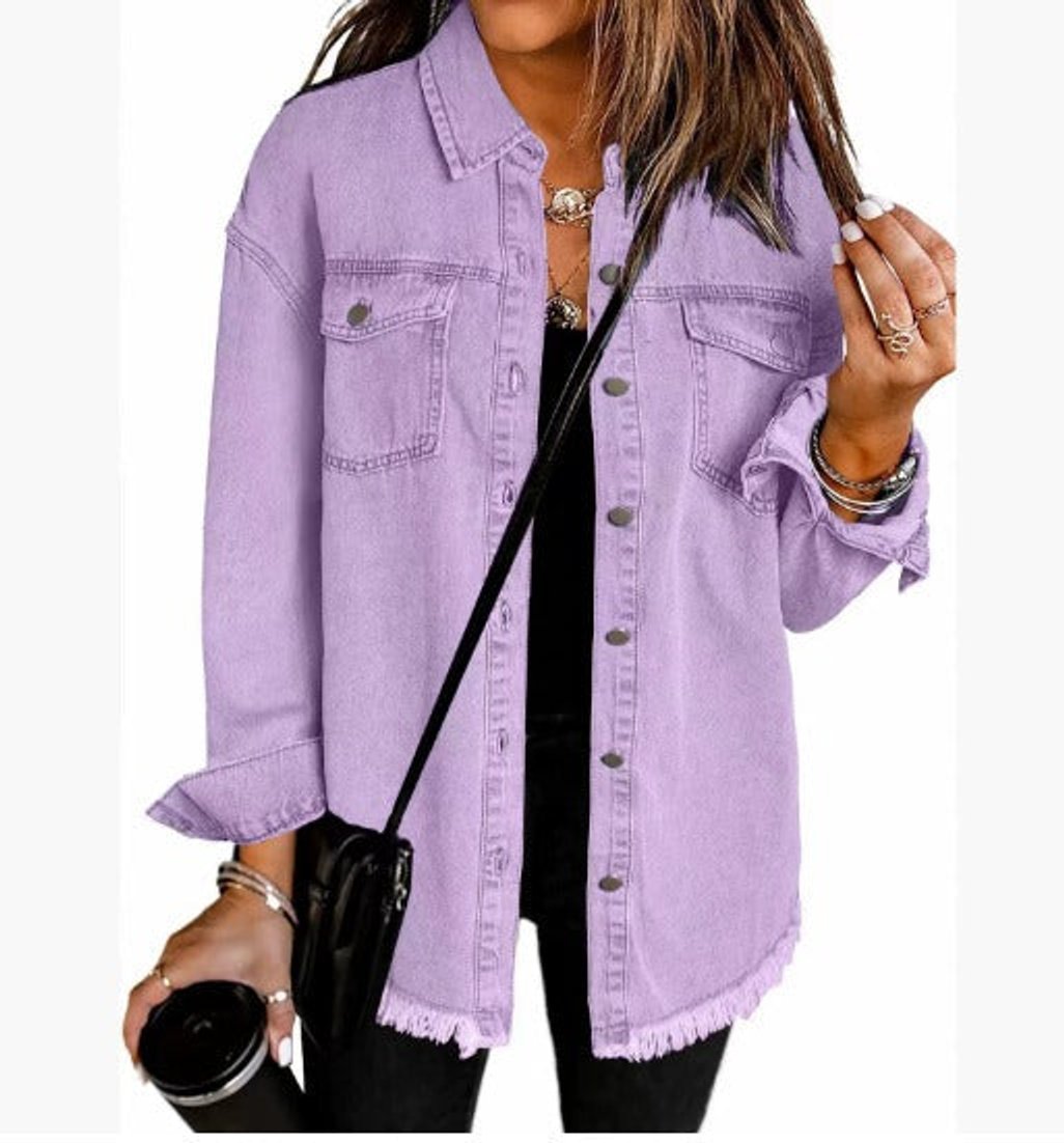 Damen Oversized Jeansjacke Langarm mit Knopfleiste und Fransen