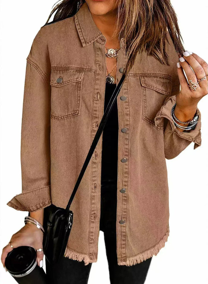 Damen Oversized Jeansjacke Langarm mit Knopfleiste und Fransen - Braun