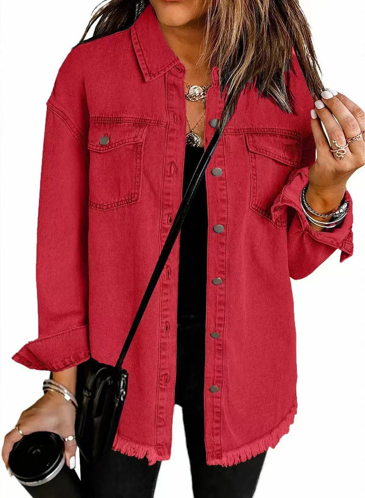 Damen Oversized Jeansjacke Langarm mit Knopfleiste und Fransen - Rot