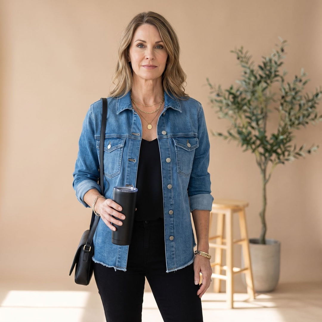Damen Oversized Jeansjacke mit Druckknöpfen und Fransen-Saum - Dunkelblau