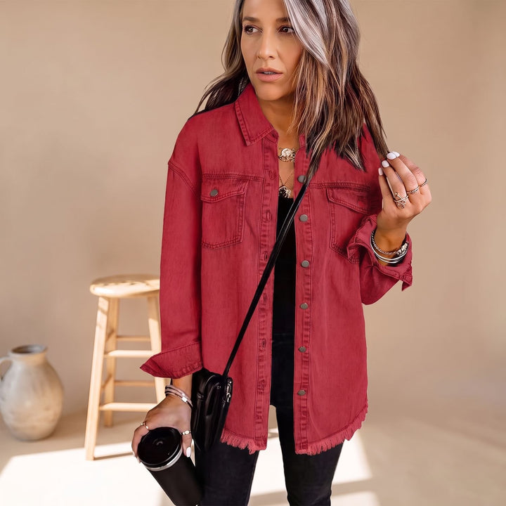 Damen Oversized Jeansjacke mit Druckknöpfen und Fransen-Saum - Rot