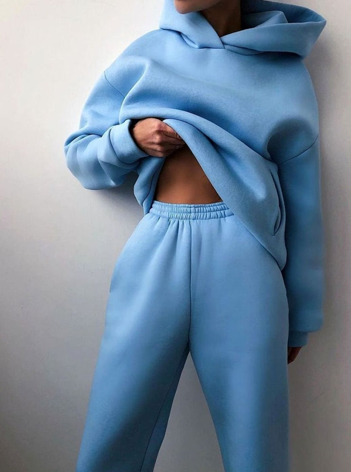 Damen Oversized Kapuzen-Strickpullover mit Jogginghose im Set