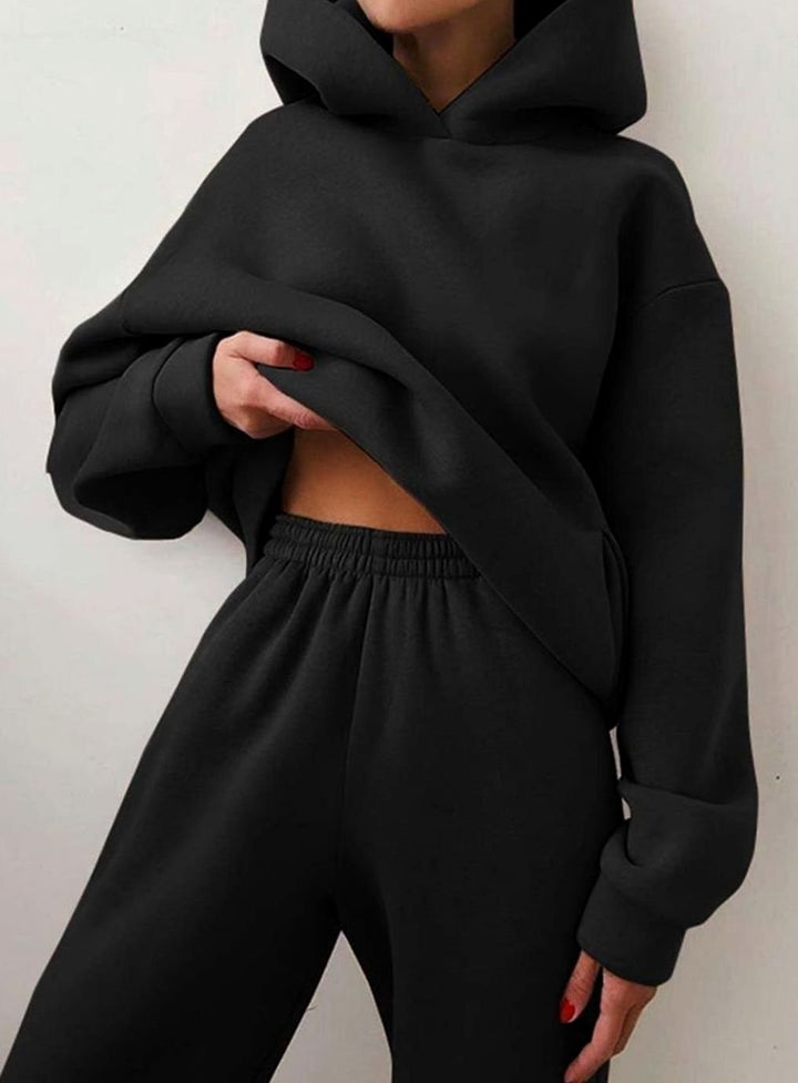Damen Oversized Kapuzen-Strickpullover mit Jogginghose im Set - Schwarz