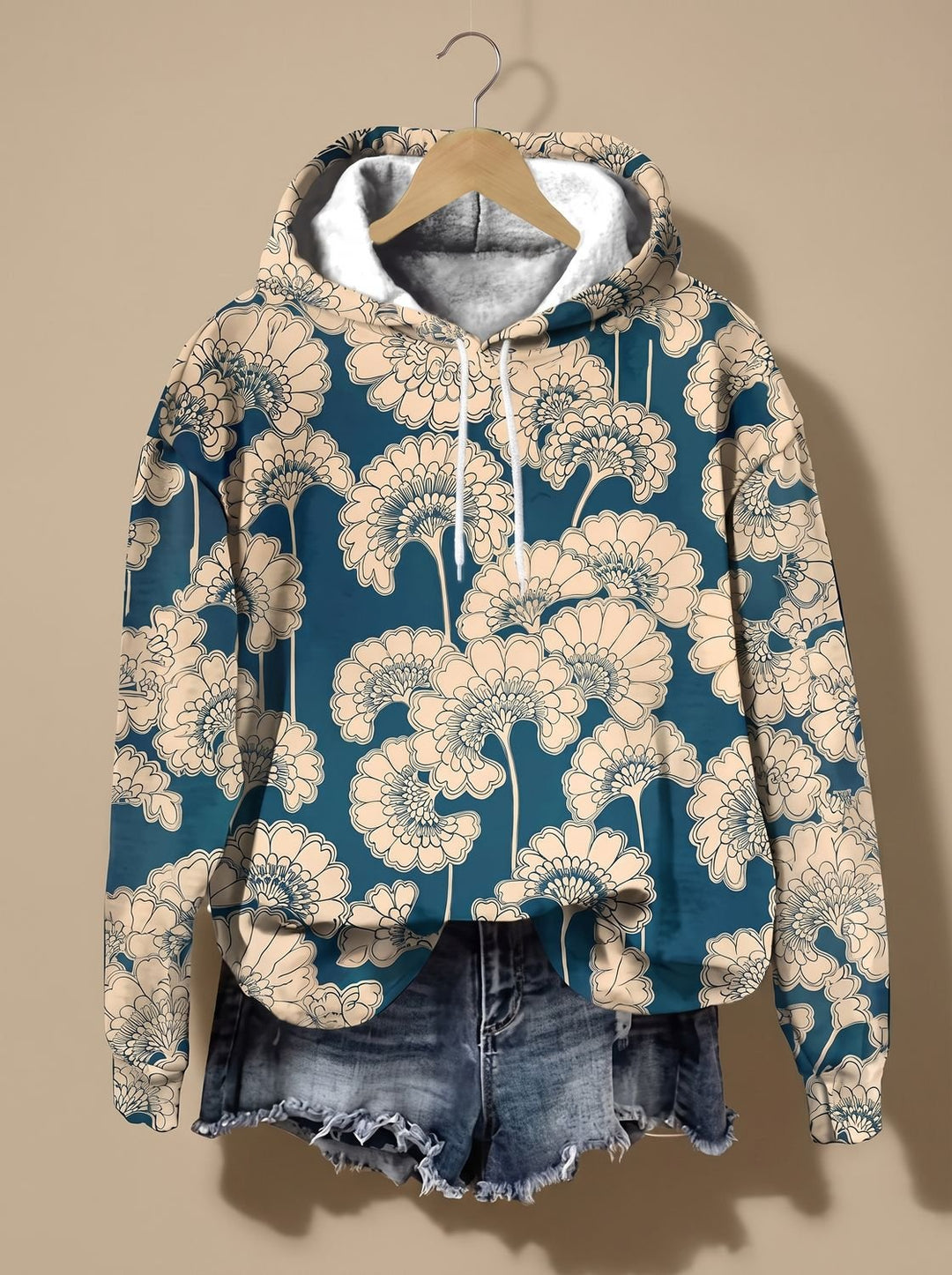 Damen Oversized Kapuzenpullover mit Blumen-Jacquard-Muster - Goldfarn