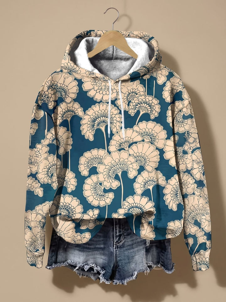 Damen Oversized Kapuzenpullover mit Blumen-Jacquard-Muster - Goldfarn