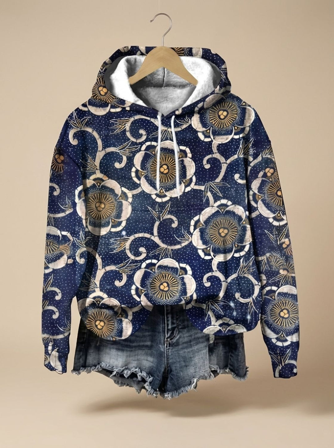 Damen Oversized Kapuzenpullover mit Blumen-Jacquard-Muster - King's Indigo