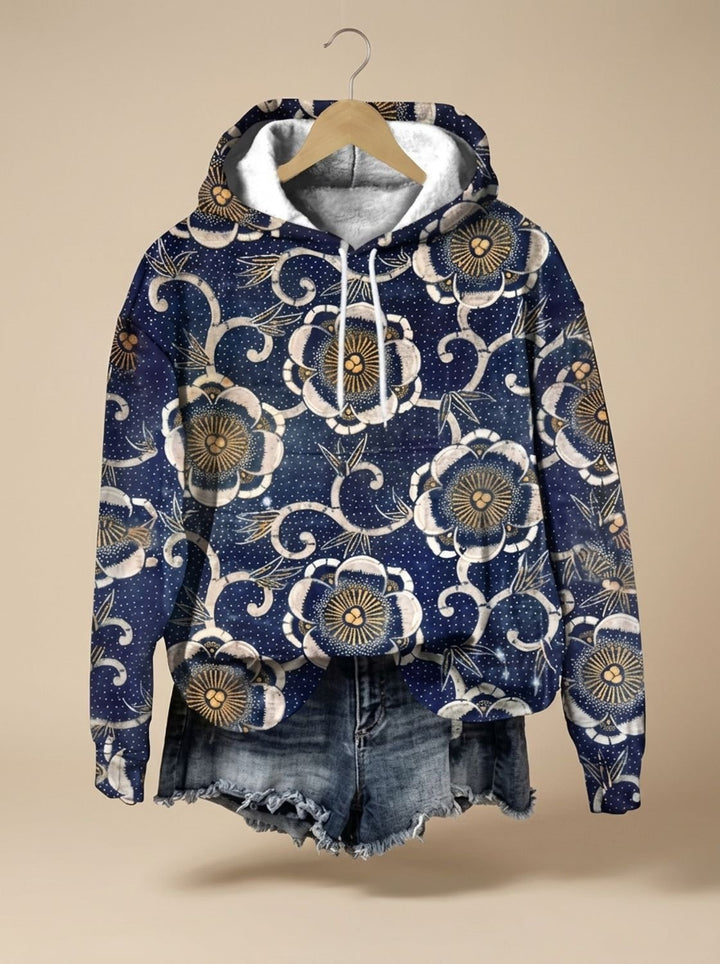 Damen Oversized Kapuzenpullover mit Blumen-Jacquard-Muster - King's Indigo