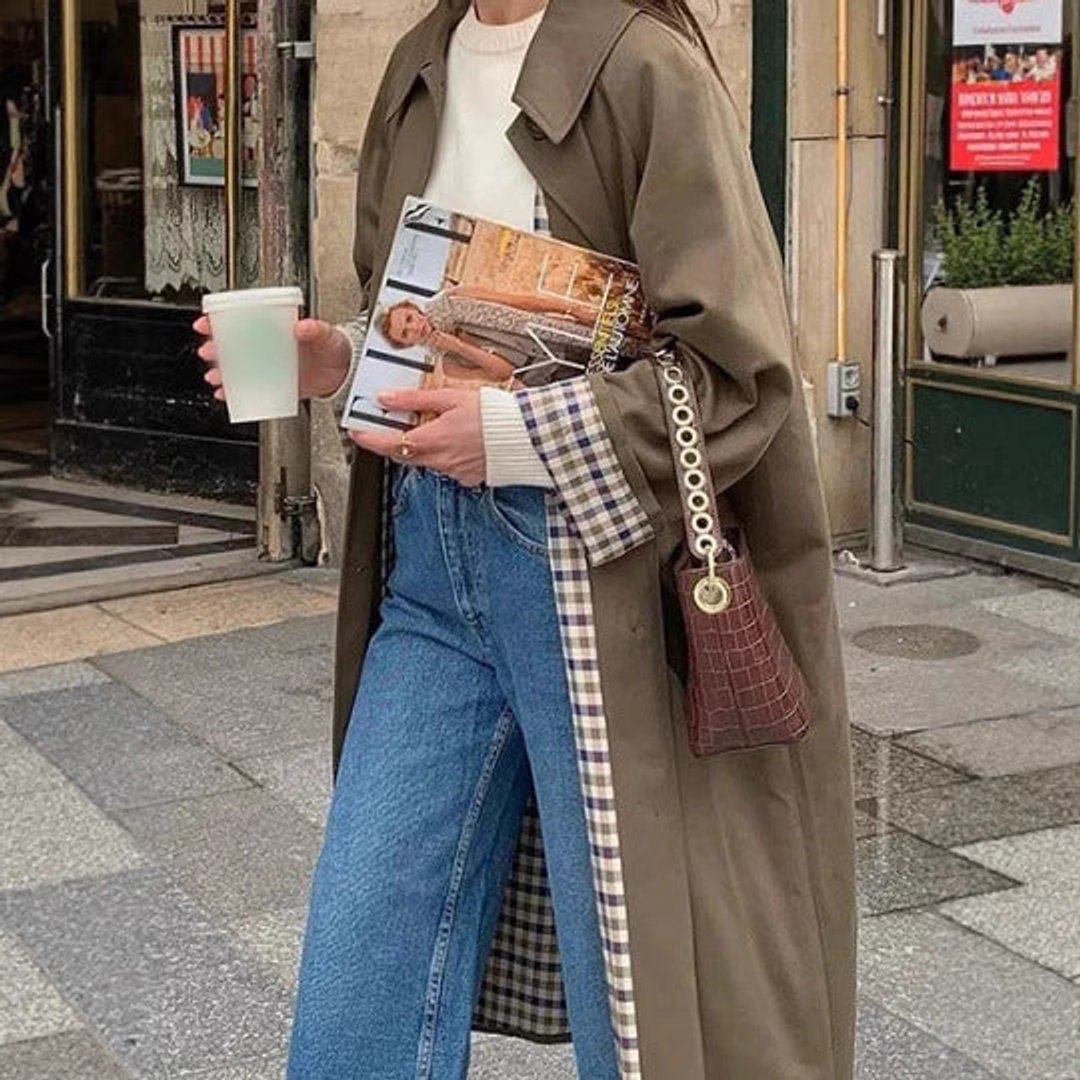 Damen Oversized Karierter Trench Coat im Langen Schnitt