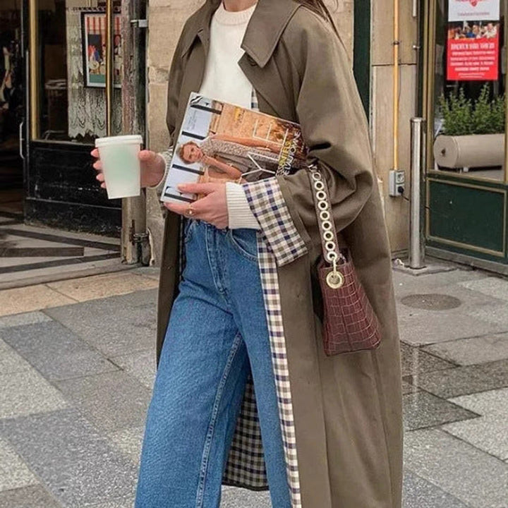 Damen Oversized Karierter Trench Coat im Langen Schnitt
