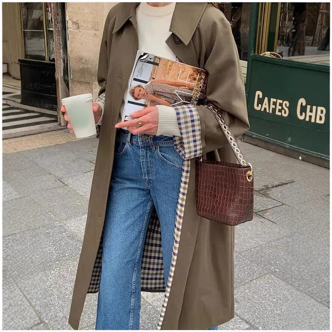 Damen Oversized Karierter Trench Coat im Langen Schnitt