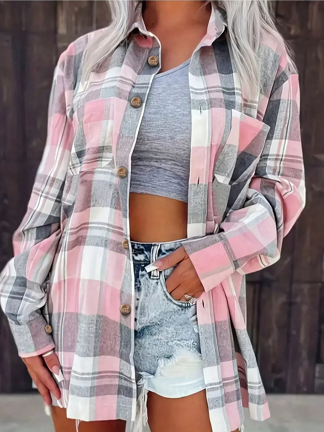 Damen Oversized Kariertes Flanell-Langarmhemd mit Knopfleiste - Pink