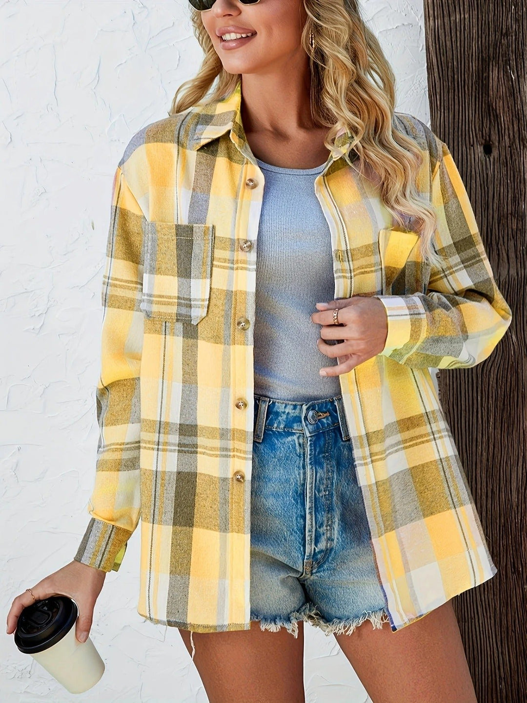 Damen Oversized Kariertes Flanell-Langarmhemd mit Knopfleiste