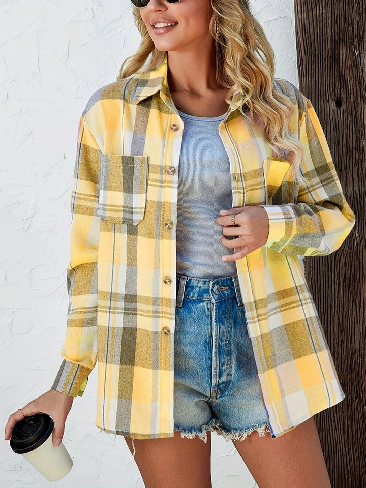 Damen Oversized Kariertes Flanell-Langarmhemd mit Knopfleiste