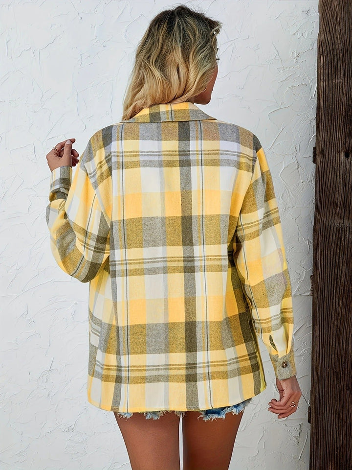 Damen Oversized Kariertes Flanell-Langarmhemd mit Knopfleiste