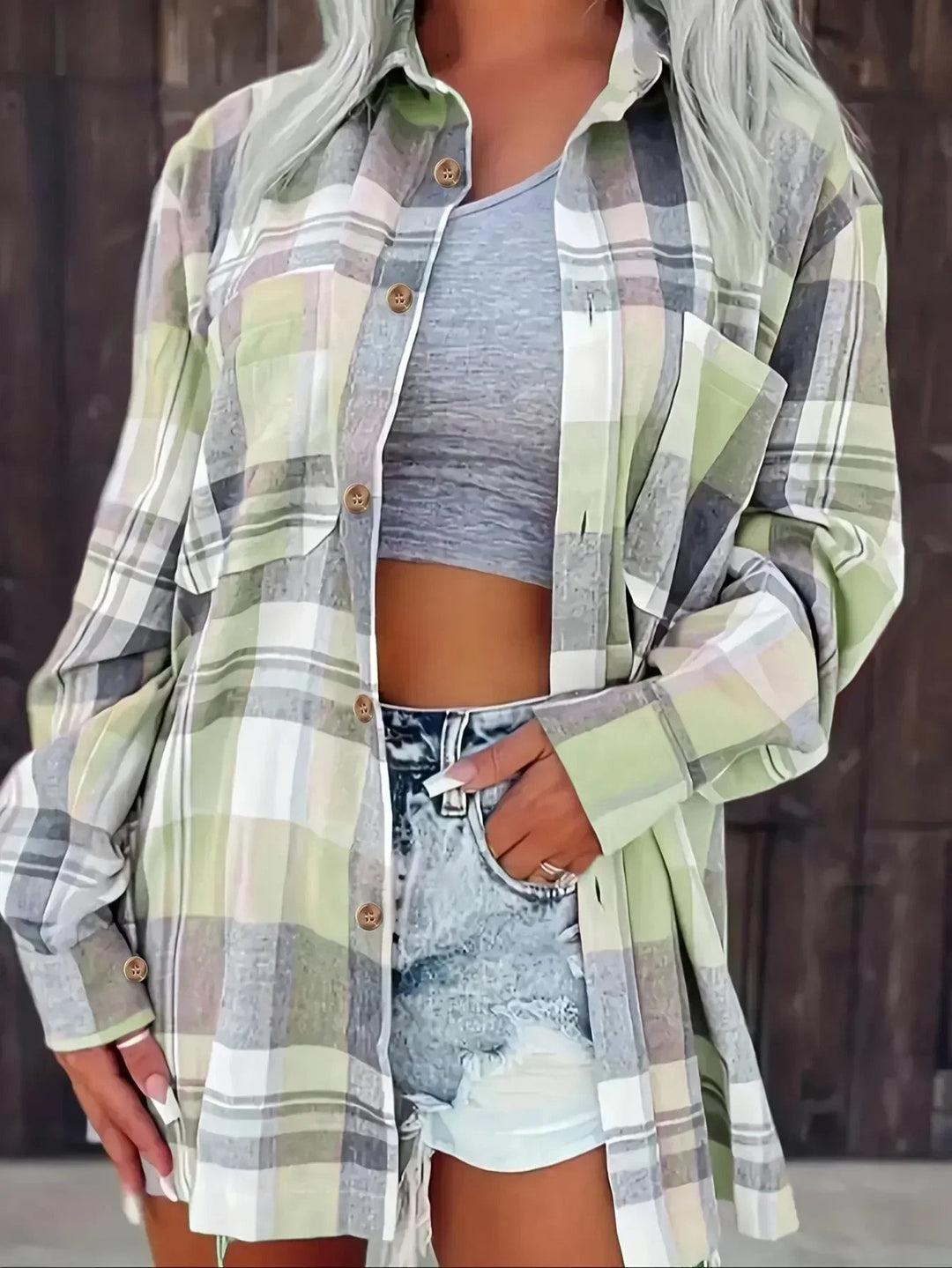 Damen Oversized Kariertes Flanell-Langarmhemd mit Knopfleiste - Green
