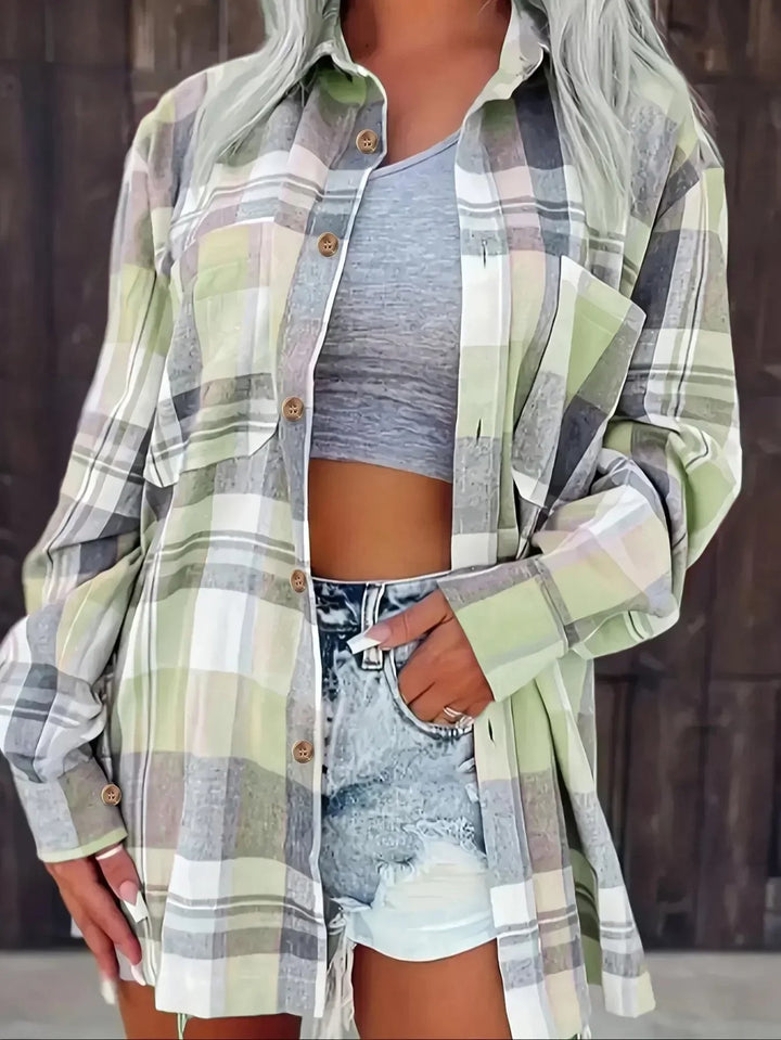 Damen Oversized Kariertes Flanell-Langarmhemd mit Knopfleiste - Green