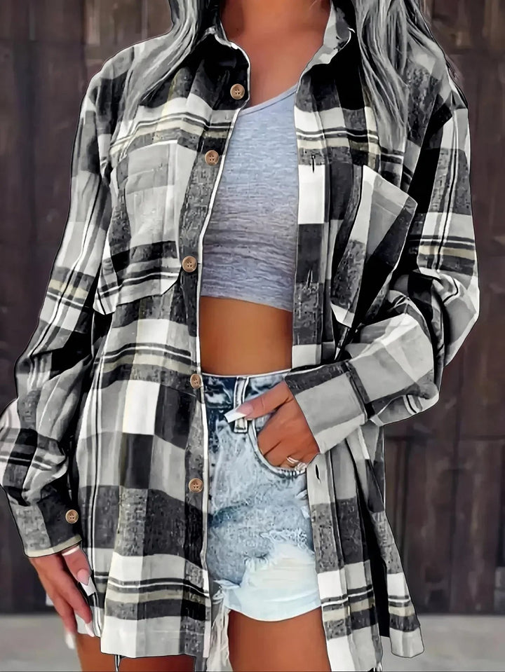 Damen Oversized Kariertes Flanell-Langarmhemd mit Knopfleiste - Black