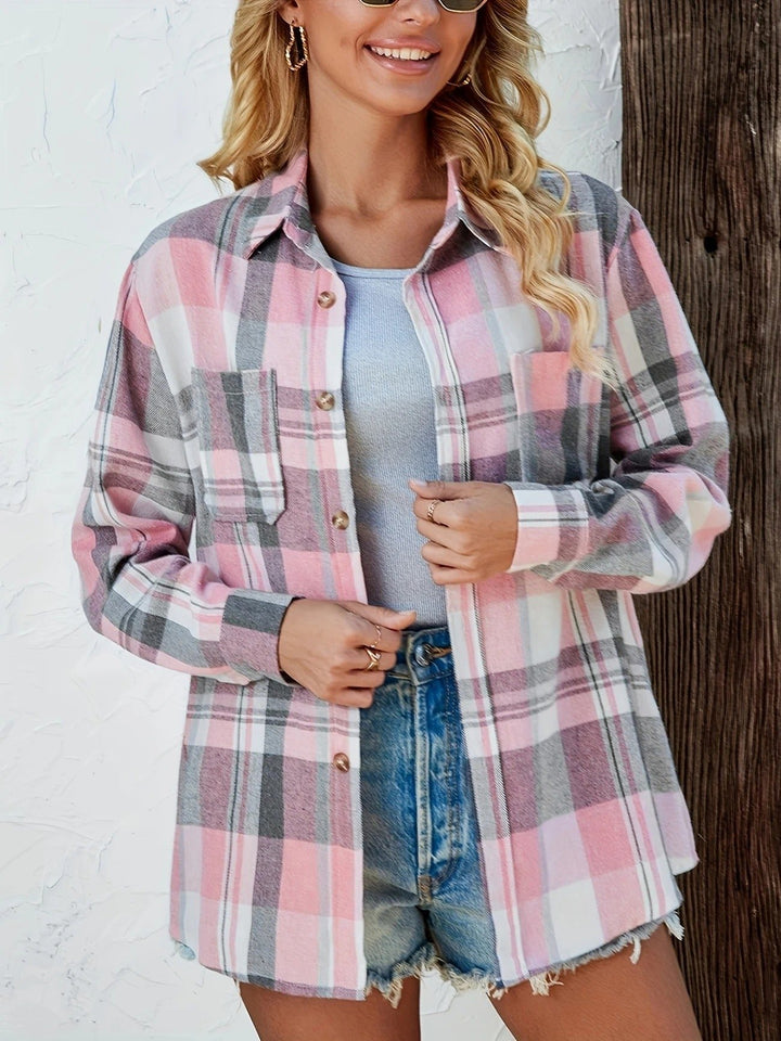 Damen Oversized Kariertes Flanell-Langarmhemd mit Knopfleiste