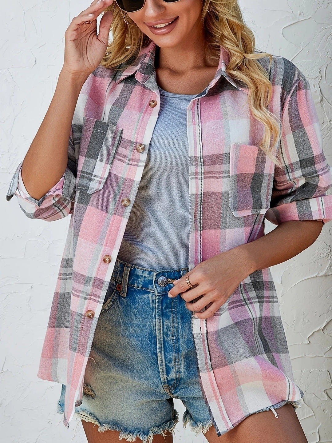 Damen Oversized Kariertes Flanell-Langarmhemd mit Knopfleiste