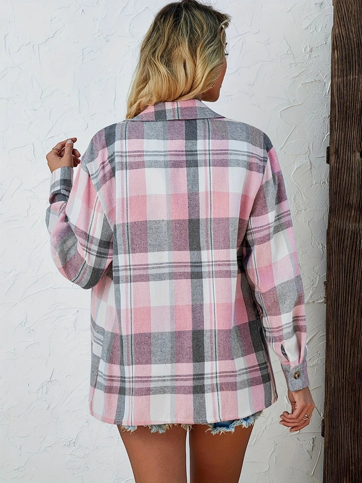 Damen Oversized Kariertes Flanell-Langarmhemd mit Knopfleiste