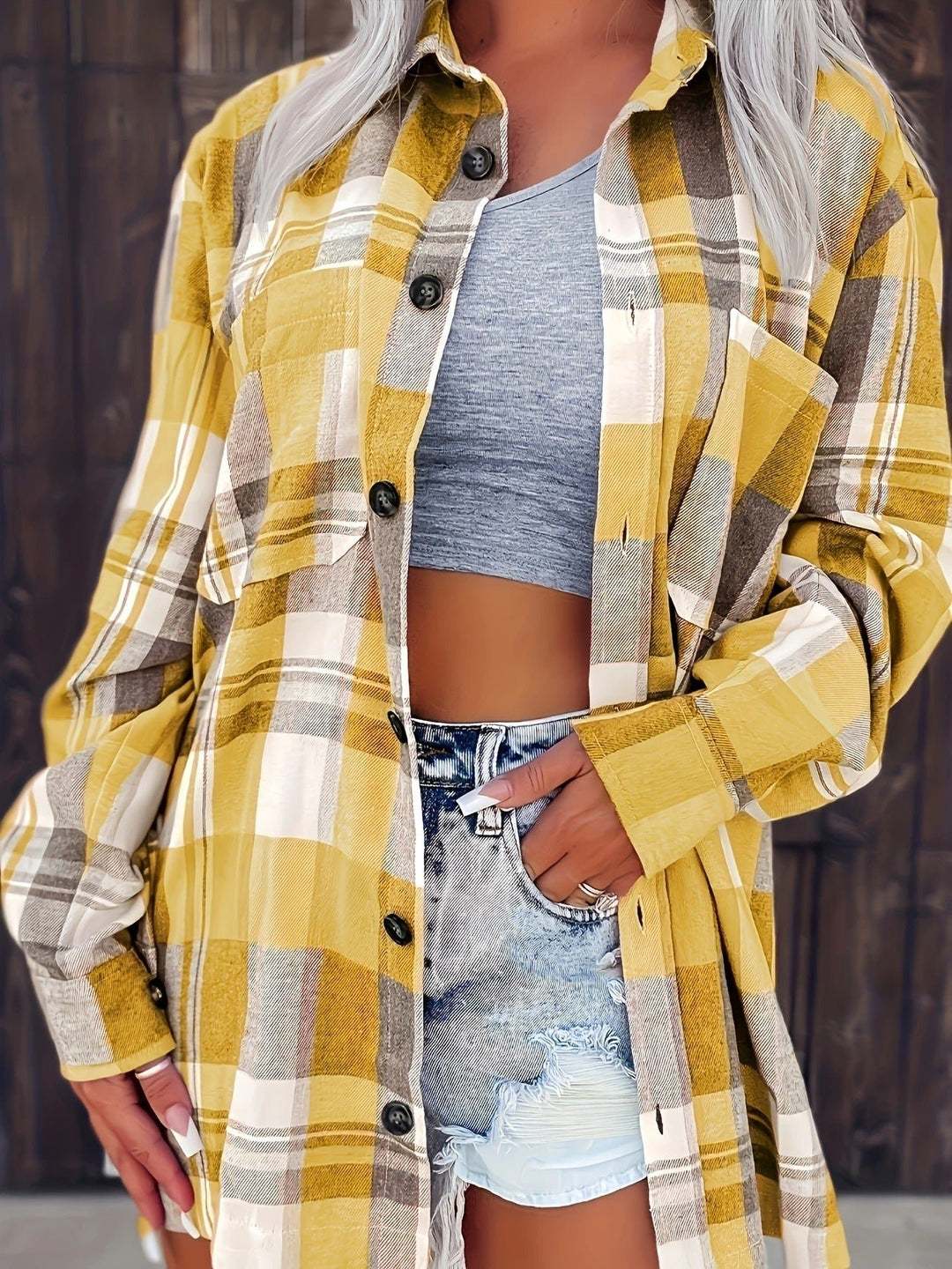 Damen Oversized Kariertes Flanell-Langarmhemd mit Knopfleiste - Yellow