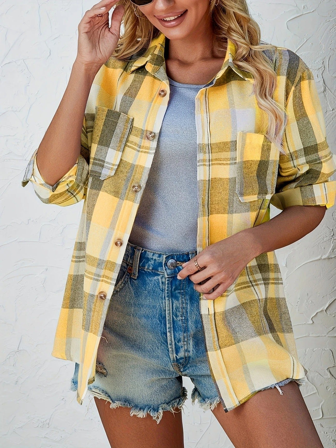 Damen Oversized Kariertes Flanell-Langarmhemd mit Knopfleiste
