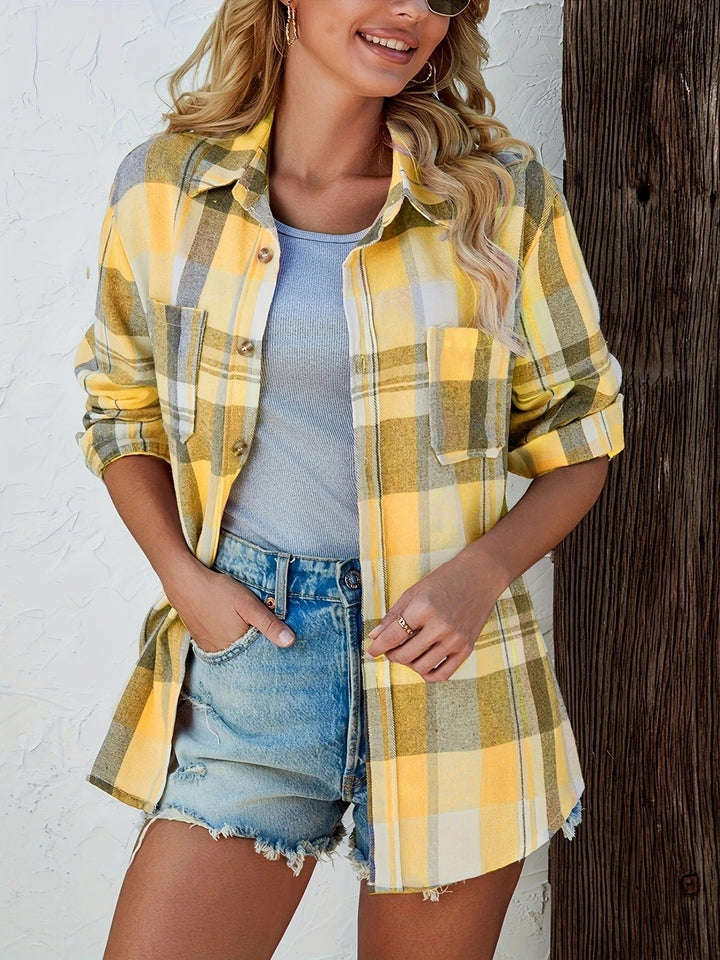 Damen Oversized Kariertes Flanell-Langarmhemd mit Knopfleiste