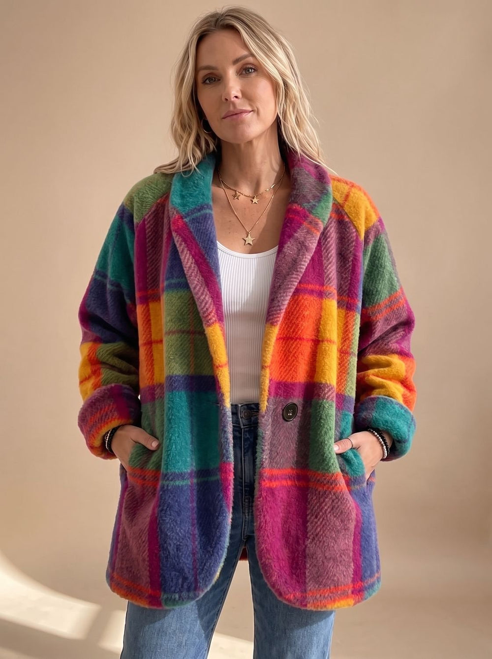 Damen Oversized Karo-Fleece-Mantel mit Knöpfen und Seitentaschen - Regenbogen