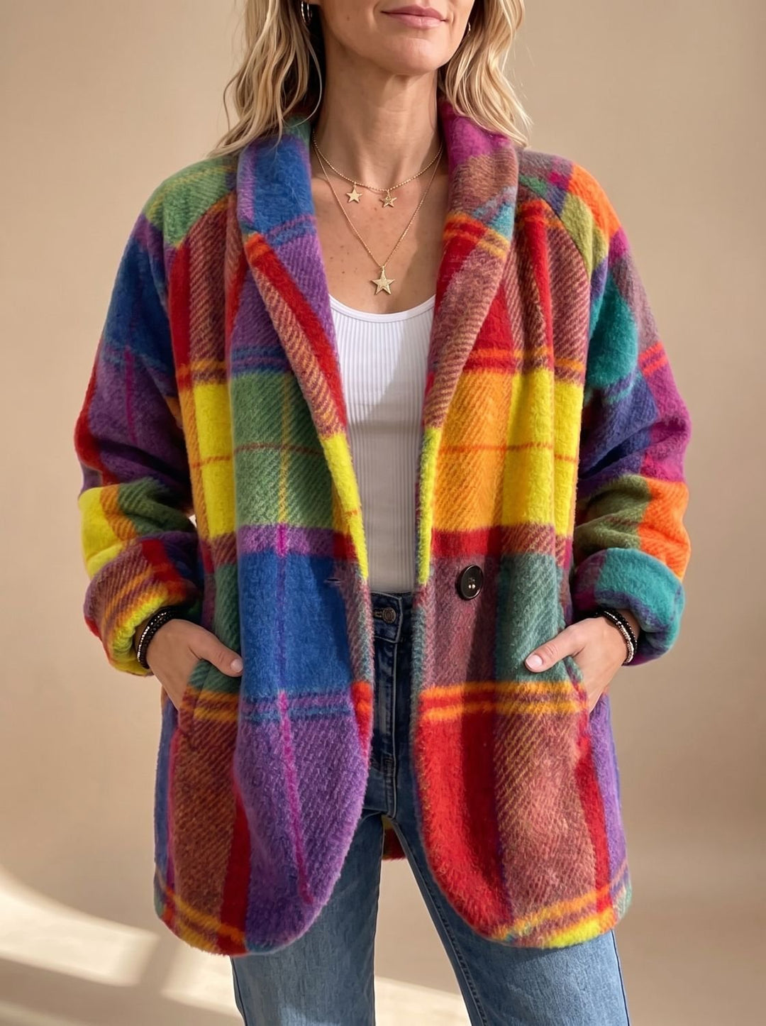 Damen Oversized Karo-Fleece-Mantel mit Knöpfen und Seitentaschen - Sonne