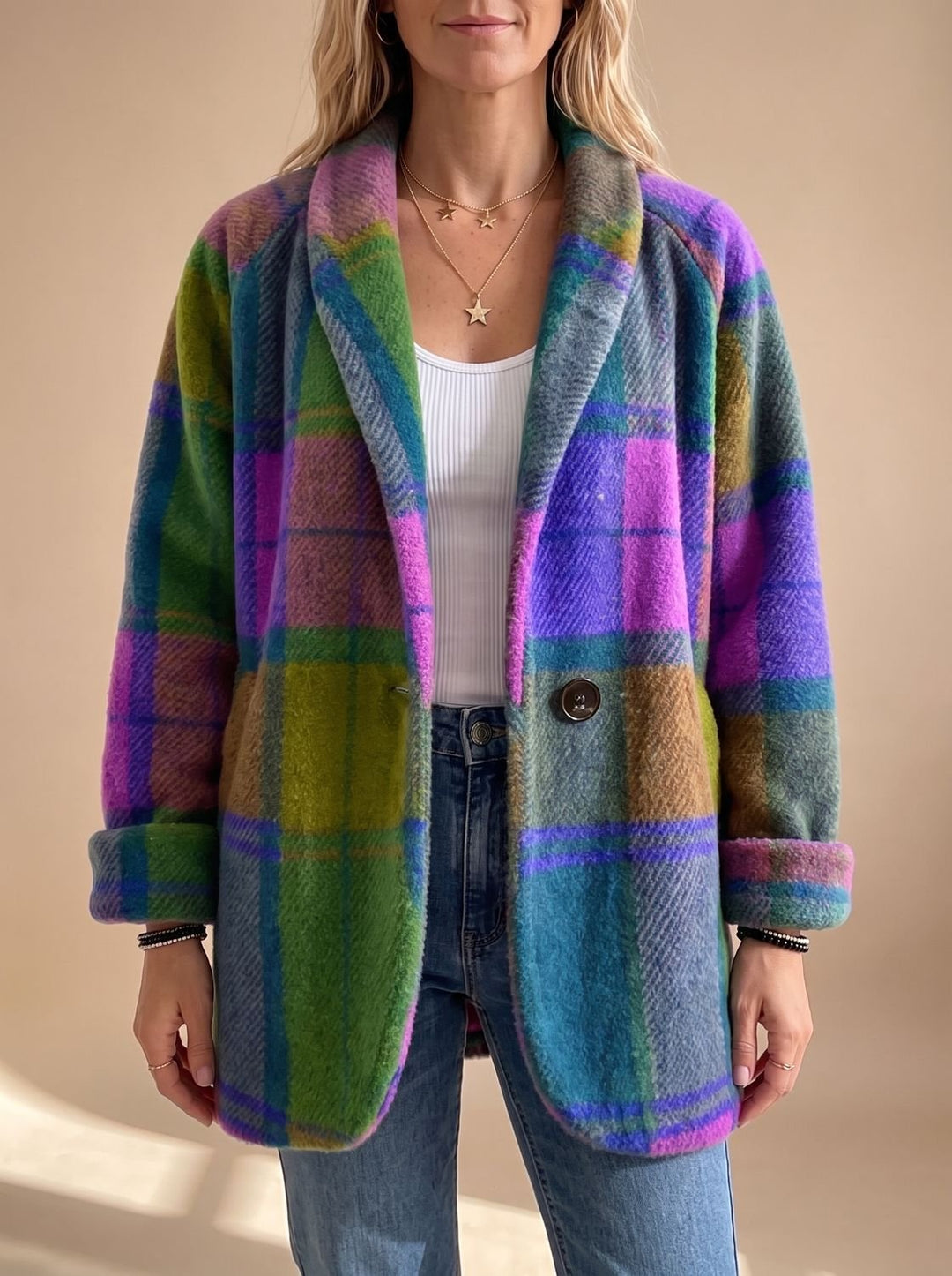 Damen Oversized Karo-Fleece-Mantel mit Knöpfen und Seitentaschen - Neptun
