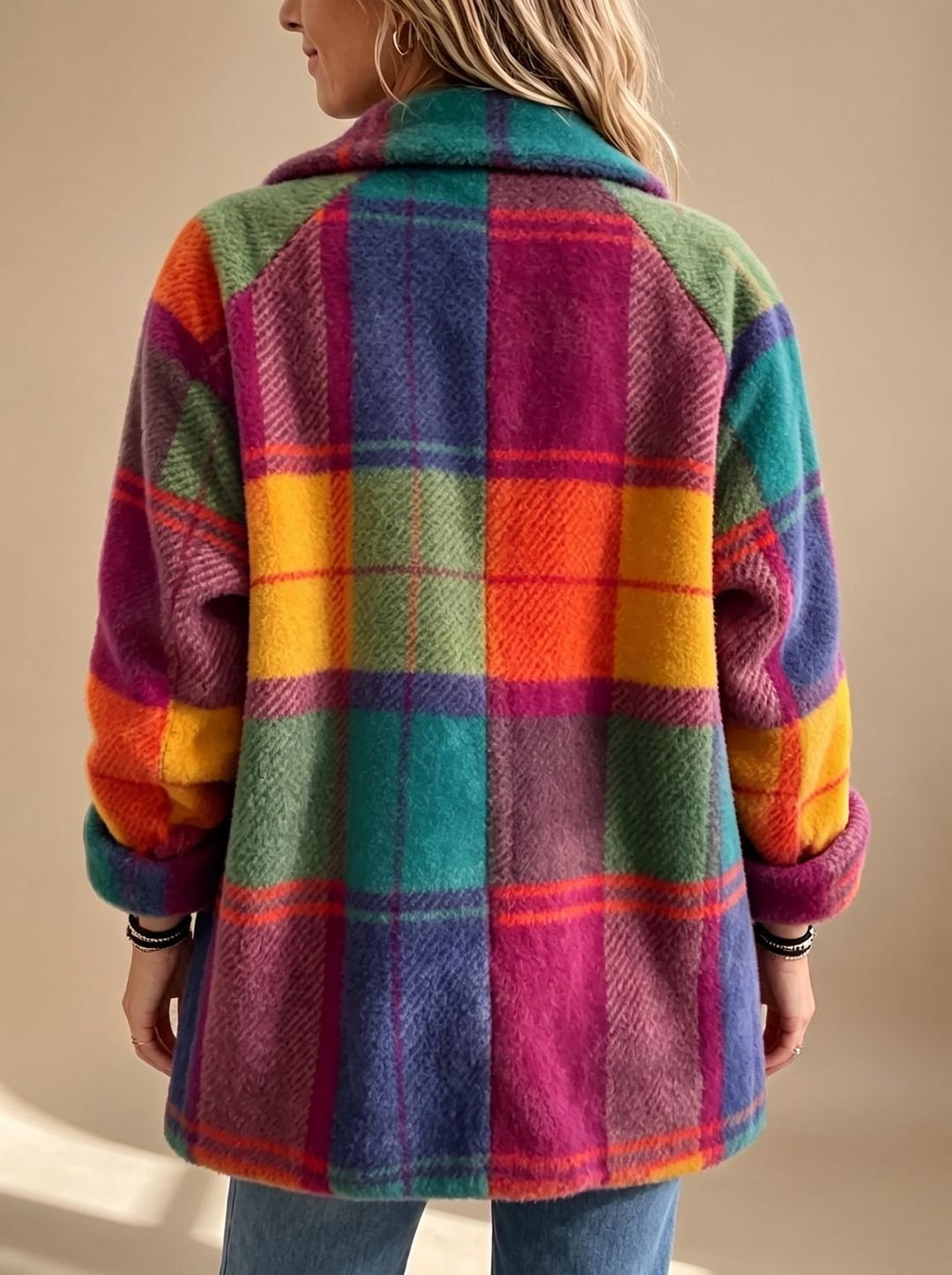 Damen Oversized Karo-Fleece-Mantel mit Knöpfen und Seitentaschen