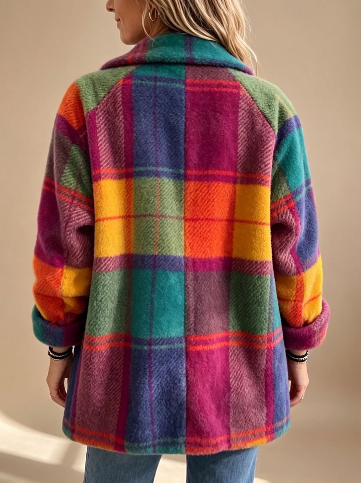 Damen Oversized Karo-Fleece-Mantel mit Knöpfen und Seitentaschen