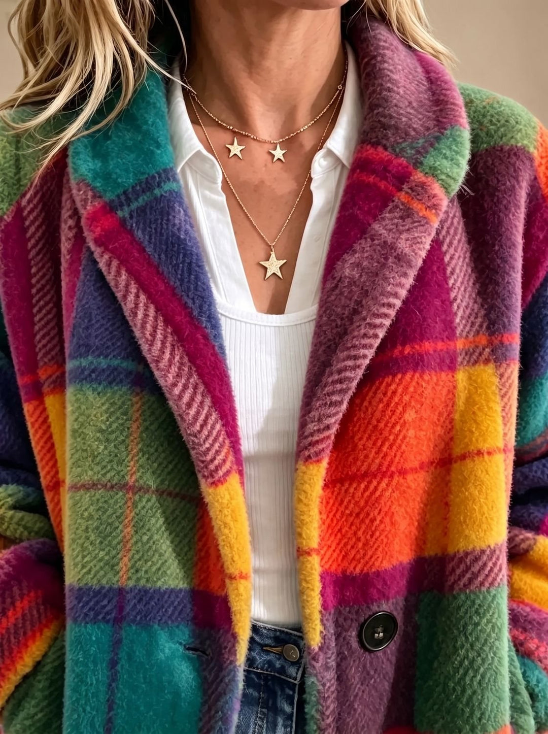 Damen Oversized Karo-Fleece-Mantel mit Knöpfen und Seitentaschen