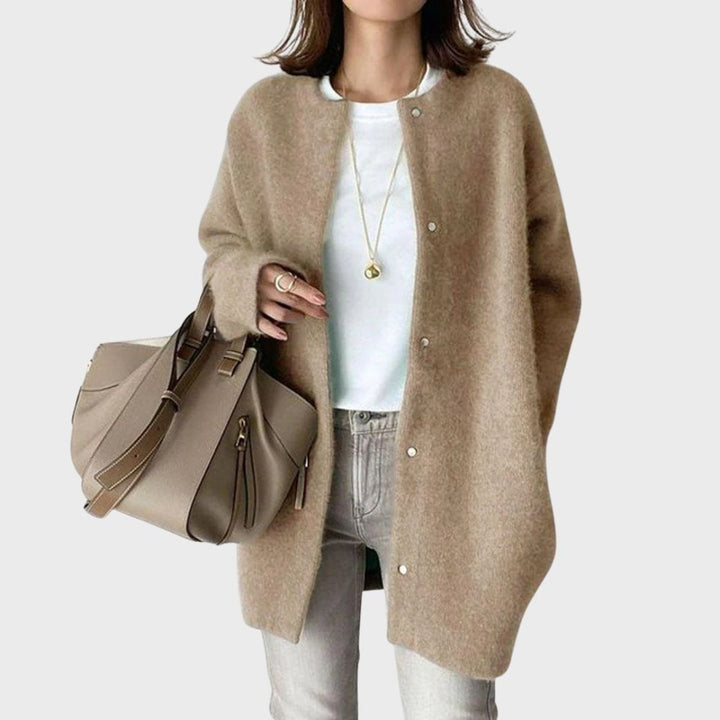 Damen Oversized Kaschmir Cardigan mit Druckknöpfen - Khaki