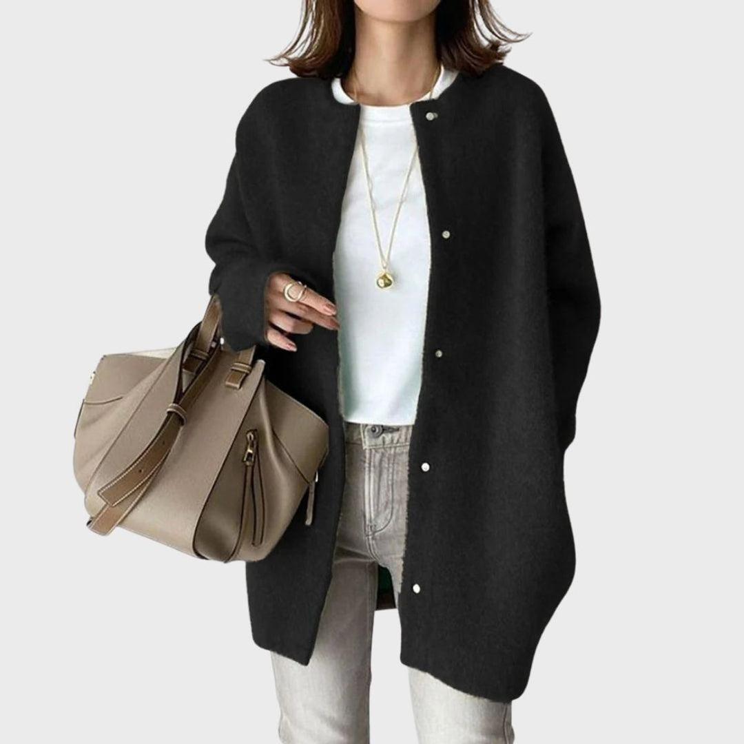Damen Oversized Kaschmir Cardigan mit Druckknöpfen - Schwarz
