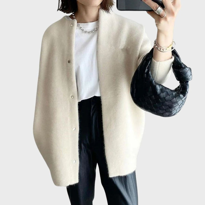 Damen Oversized Kaschmir Cardigan mit Druckknöpfen - Weiß