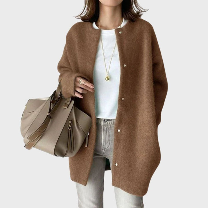 Damen Oversized Kaschmir Cardigan mit Druckknöpfen - Braun